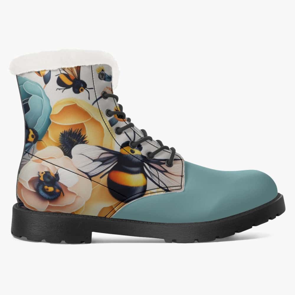 Bumble Bees and Flowers Faux Fur Vegan Leather Boots