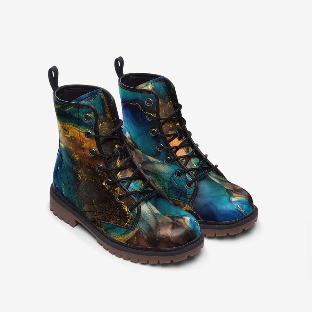 Blue and Brown Alcohol Ink Vegan Leather Boots - $99.99
