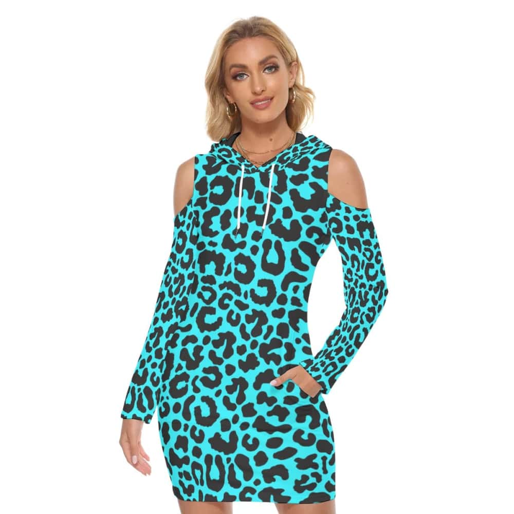 Neon Blue Leopard Print Hoodie Dress, S Neon Blue Leopard Print Hoodie Dress, S