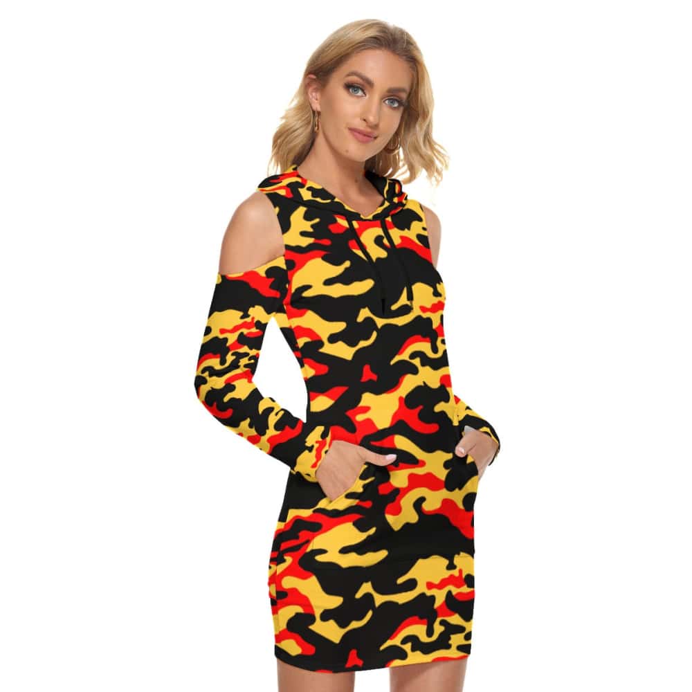 Orange Yellow and Black Camo Hoodie Dress Orange Yellow and Black Camo Hoodie Dress