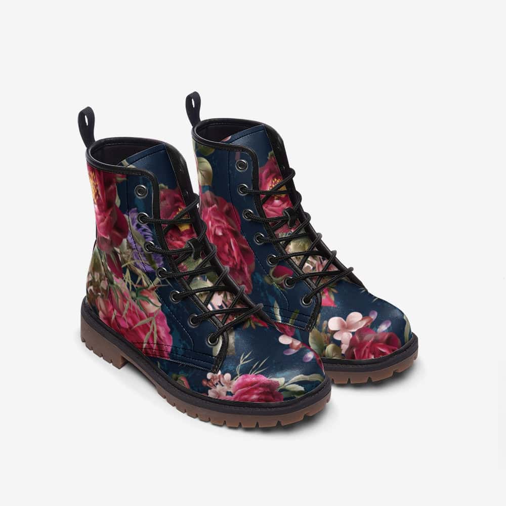 Red and Blue Floral Print Vegan Leather Boots - $99.99