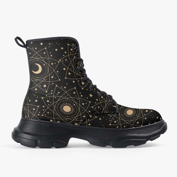Astrological Pattern Vegan Leather Chunky Boots - Free