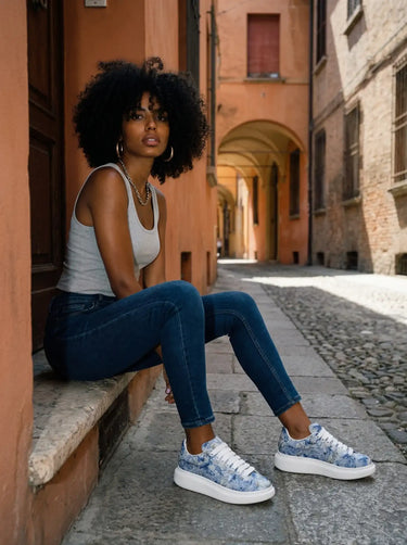 Blue and white patterned sneakers with thick white soles