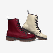 Burgundy and Cream Mismatched Vegan Leather Boots