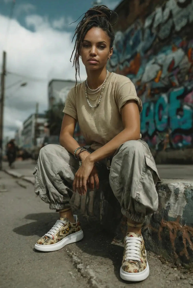 Camouflage-patterned low-top sneakers with white rubber soles