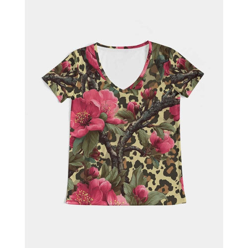 Leopard Cherry Bloom V Neck Tee