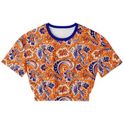 Orange and Blue Paisley Bandana Athletic Cropped Short Sleeve Sweatshirt