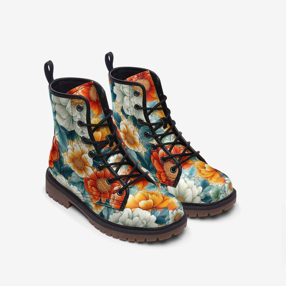 Orange and White Flowers Vegan Leather Boots - $99.99