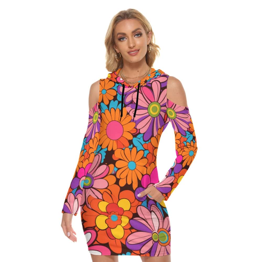 Orange Flowers 70’s Hoodie Dress - $54.99 - Free Shipping
