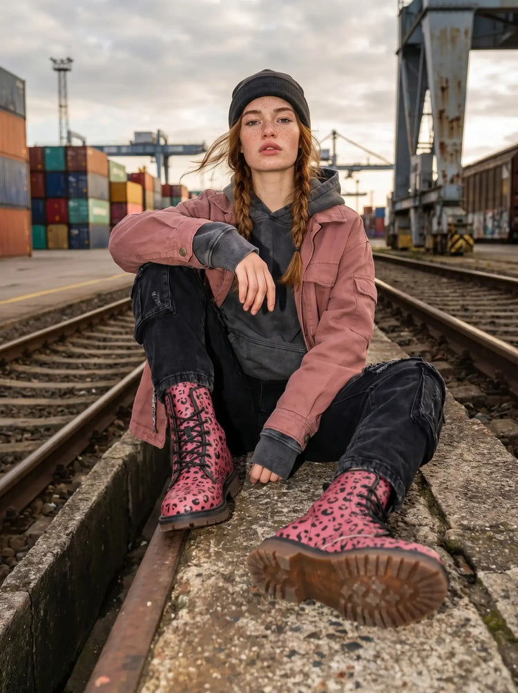 Pink leopard-print combat boots