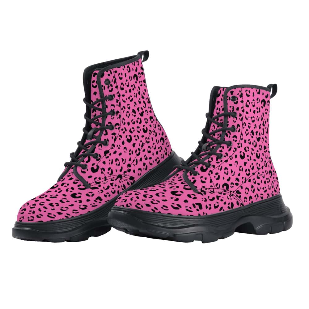 Pink Leopard Print Vegan Leather Chunky Boots - $84.99