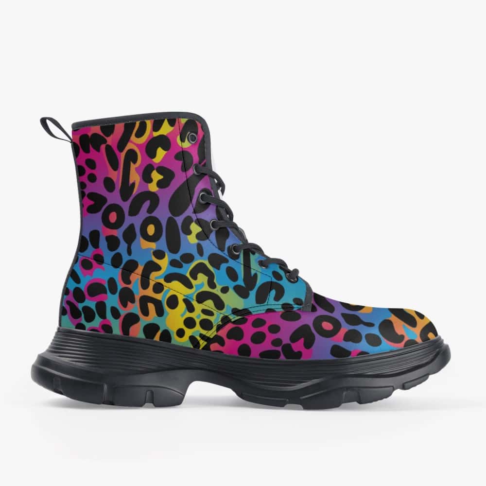 Rainbow Leopard Print Vegan Leather Chunky Boots - $84.99