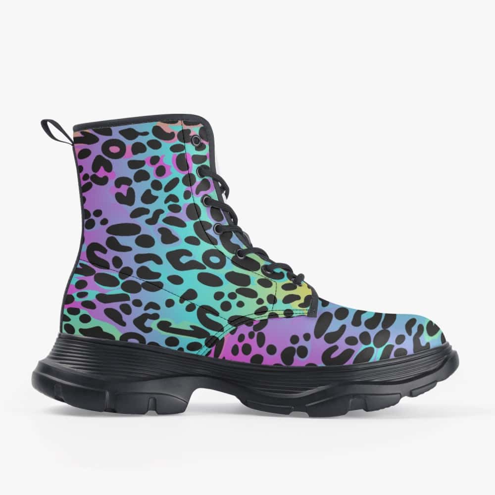Rainbow Leopard Vegan Leather Chunky Boots - $84.99 - Free
