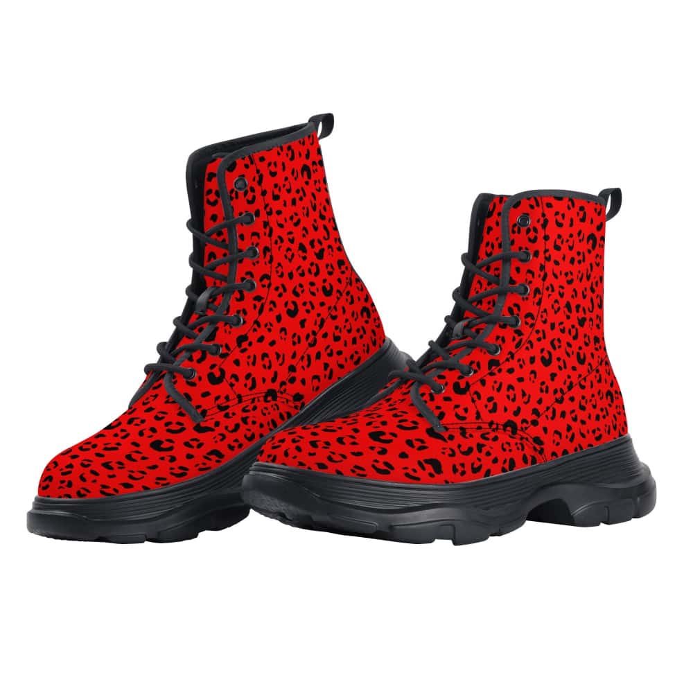 Red Leopard Print Vegan Leather Chunky Boots - $84.99