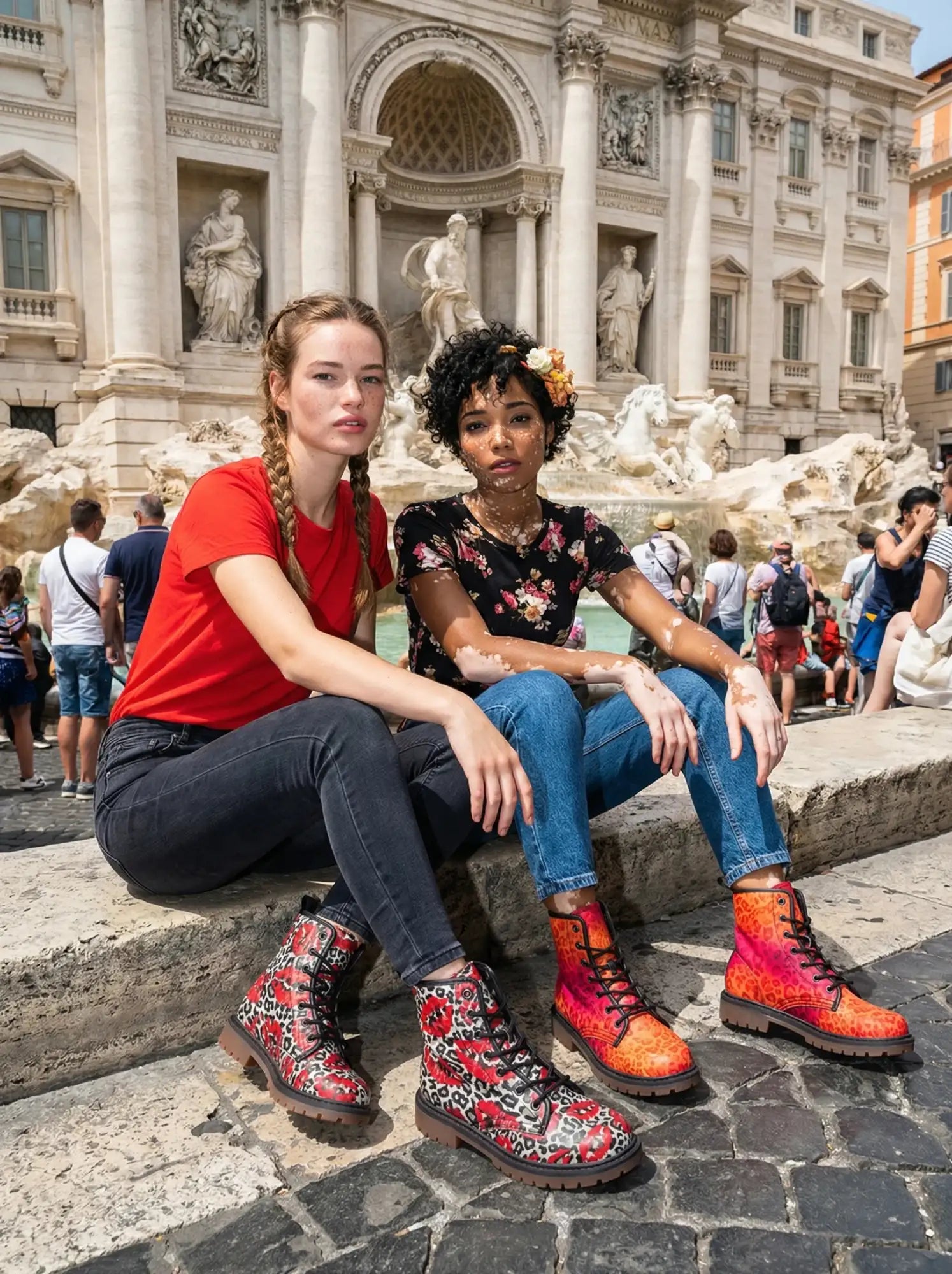 Red and orange leopard-print combat boots with black laces.