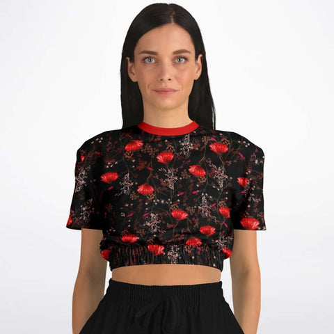 Red Poppy Flowers Athletic Cropped Short Sleeve Sweatshirt