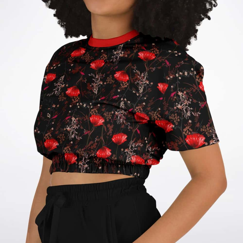 Red Poppy Flowers Athletic Cropped Short Sleeve Sweatshirt