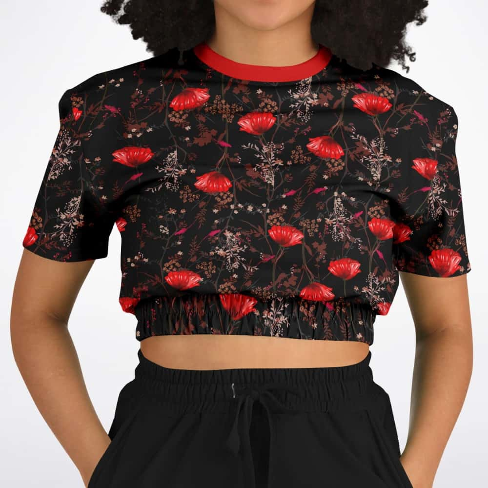 Red Poppy Flowers Athletic Cropped Short Sleeve Sweatshirt