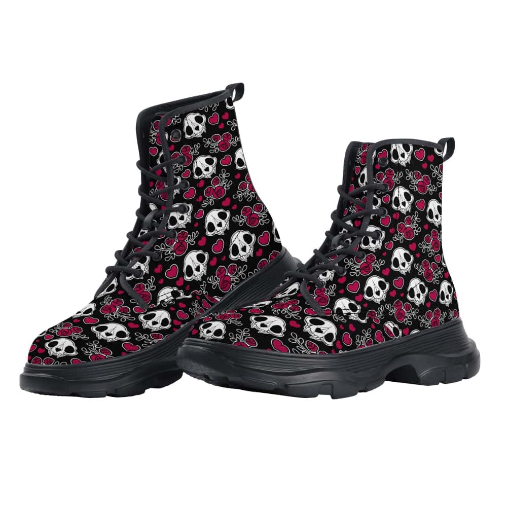 Skulls and Roses Vegan Leather Chunky Boots - $89.99 - Free