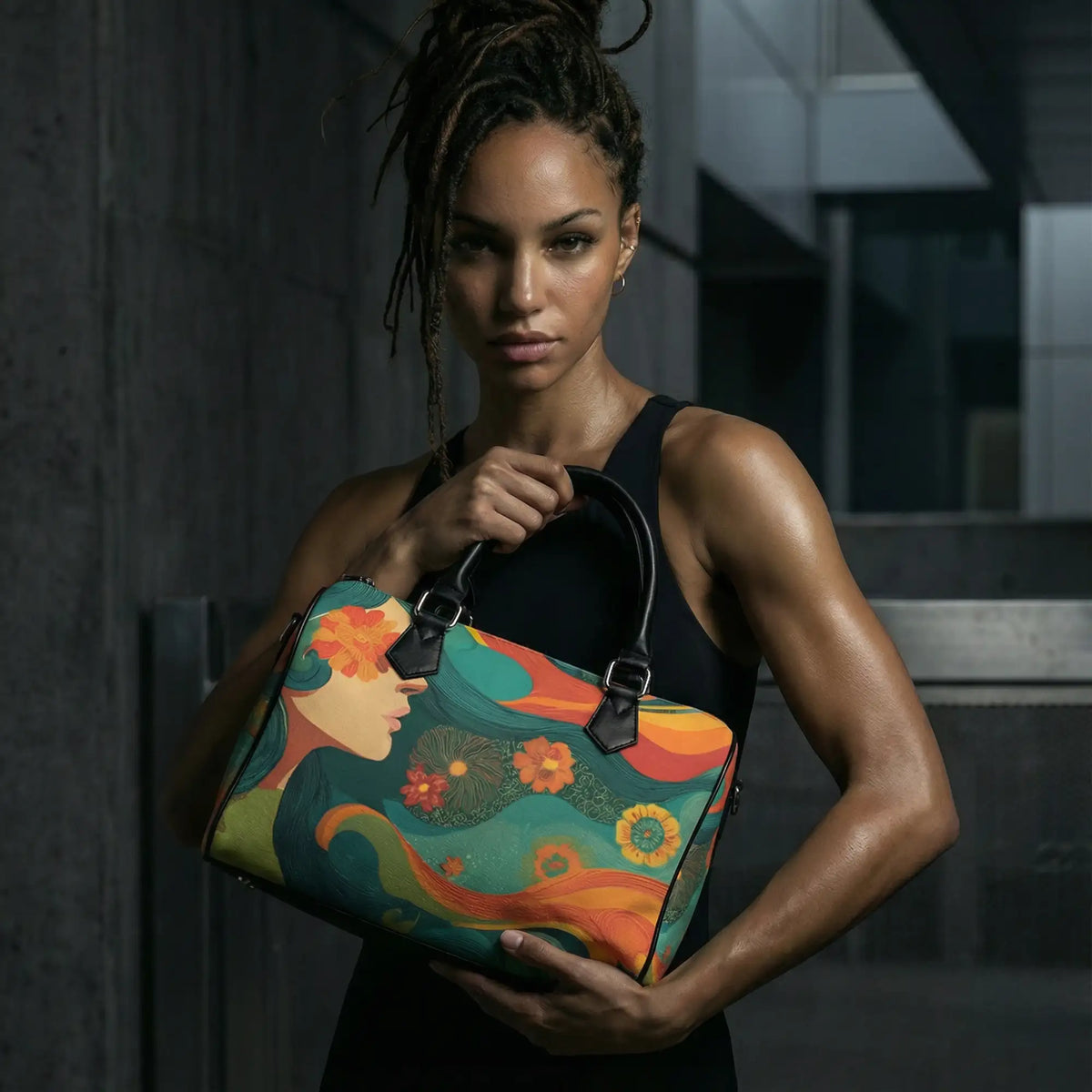 Vibrant floral-patterned handbag with teal, orange, and green hues featuring a stylized woman’s profile design