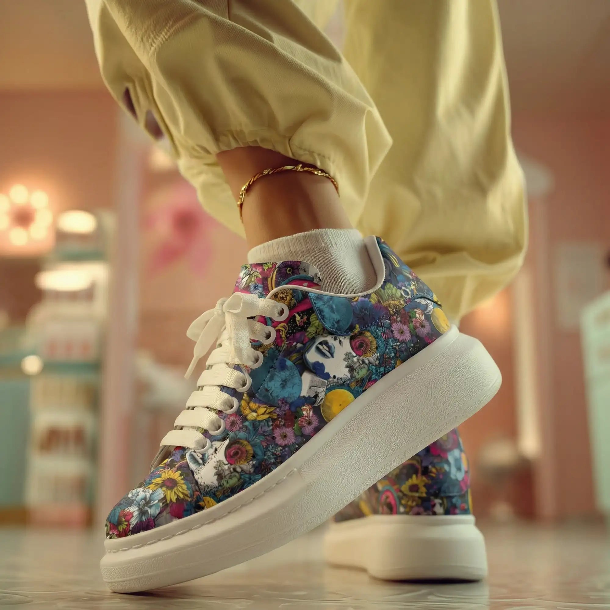 Vibrant floral-patterned sneaker with a thick white sole and lace-up design.