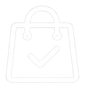 White shopping bag icon with a checkmark inside.