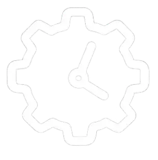 White gear-shaped clock face with black hands and a stylized, angular design.