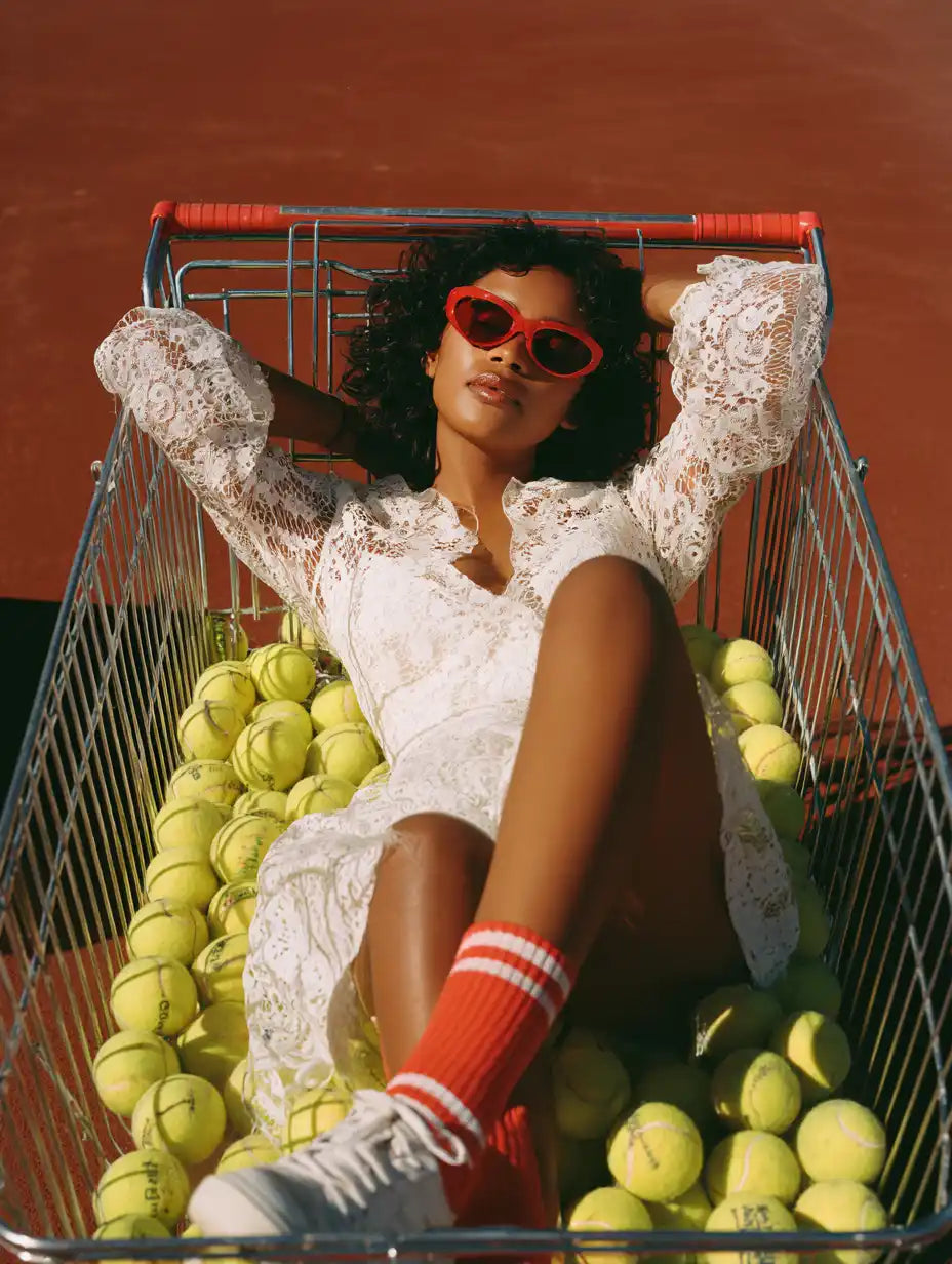 A woman in a white lace dress and red heart-shaped sunglasses, sitting in a shopping cart filled with tennis balls.