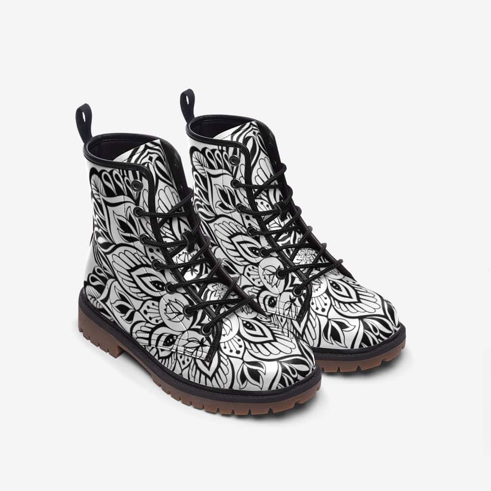 Black and White Mandala Pattern Leather Boots - $99.99