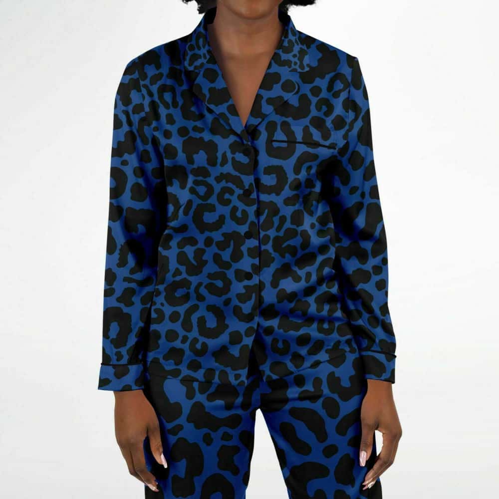 Blue Leopard Print Satin Pajamas - $84.99 Free Shipping