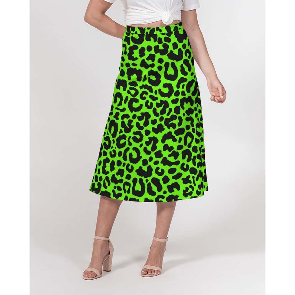 Bright Green Leopard Print A-Line Midi Skirt - $59.99 - Free