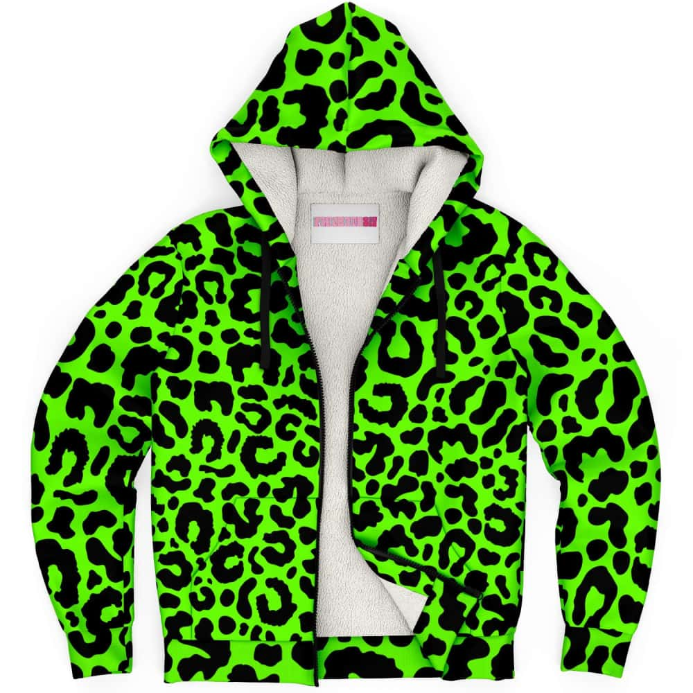 Bright Green Leopard Print Microfleece Zip Hoodie - $94.99