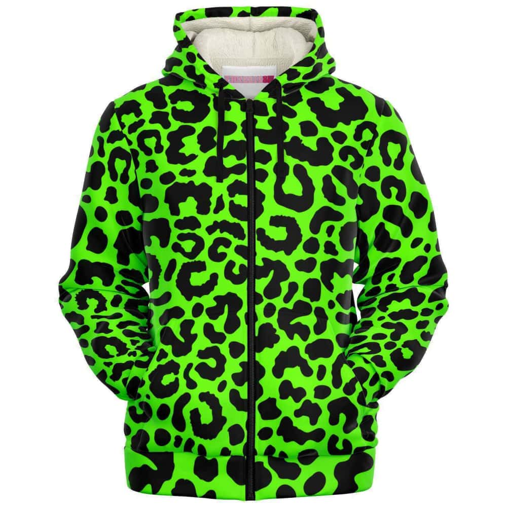 Bright Green Leopard Print Microfleece Zip Hoodie - $94.99