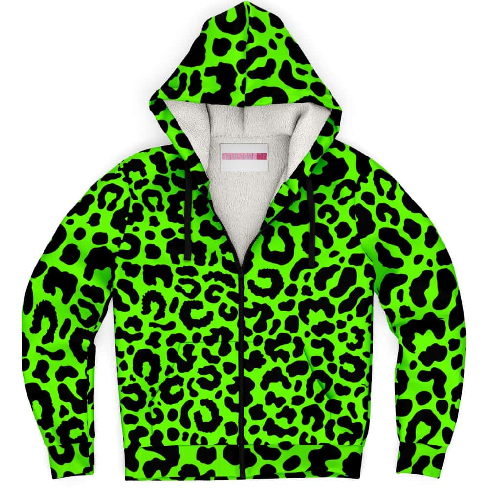 Bright Green Leopard Print Microfleece Zip Hoodie - $94.99