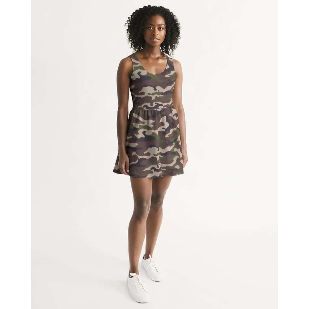 Brown and Green Camo Scoop Neck Skater Dress - $57.99 - Free