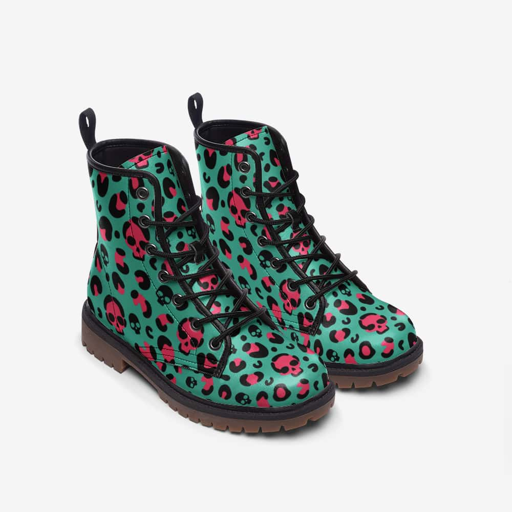 Green and Pink Leopard Print Skulls Vegan Leather Boots