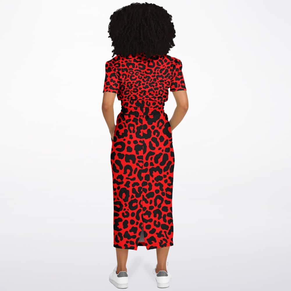 Leopard Print Cropped Sweatshirt and Skirt Bright Red