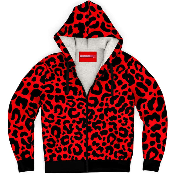 Neon Red Leopard Print Microfleece Zip Hoodie