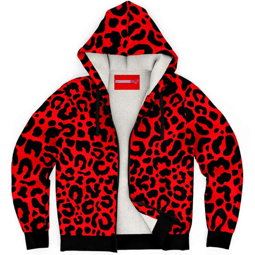 Neon Red Leopard Print Microfleece Zip Hoodie