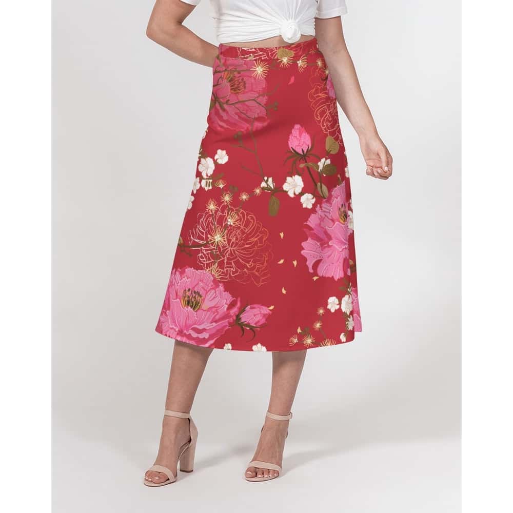 Pink and White Flowers A-Line Midi Skirt - $59.99 - Free