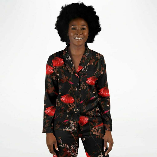 Red Poppy Flowers Satin Pajamas